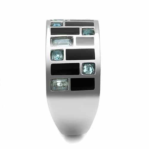 Stainless Steel Light Blue Topaz CZ Black Enamel Mosaic Grid Ring view 7