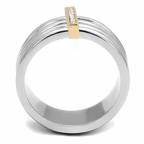 Stainless Steel Silver Multi Wire Gold IP CZ Bar Accent Band Ring view 5