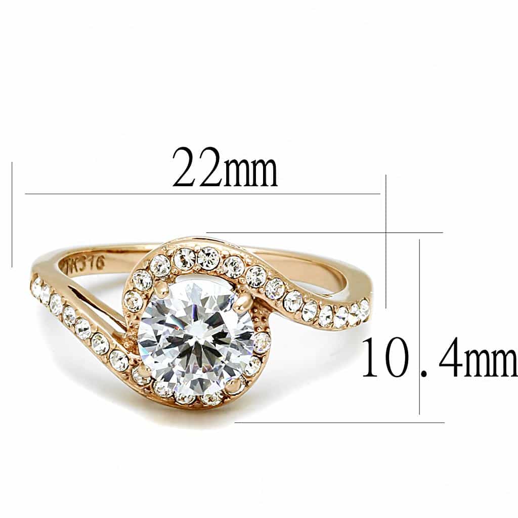 Stainless Steel Rose Gold IP CZ Round Halo Swirl Bypass Ring view 3