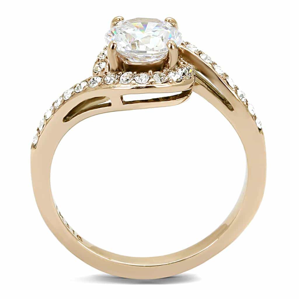 Stainless Steel Rose Gold IP CZ Round Halo Swirl Bypass Ring view 5