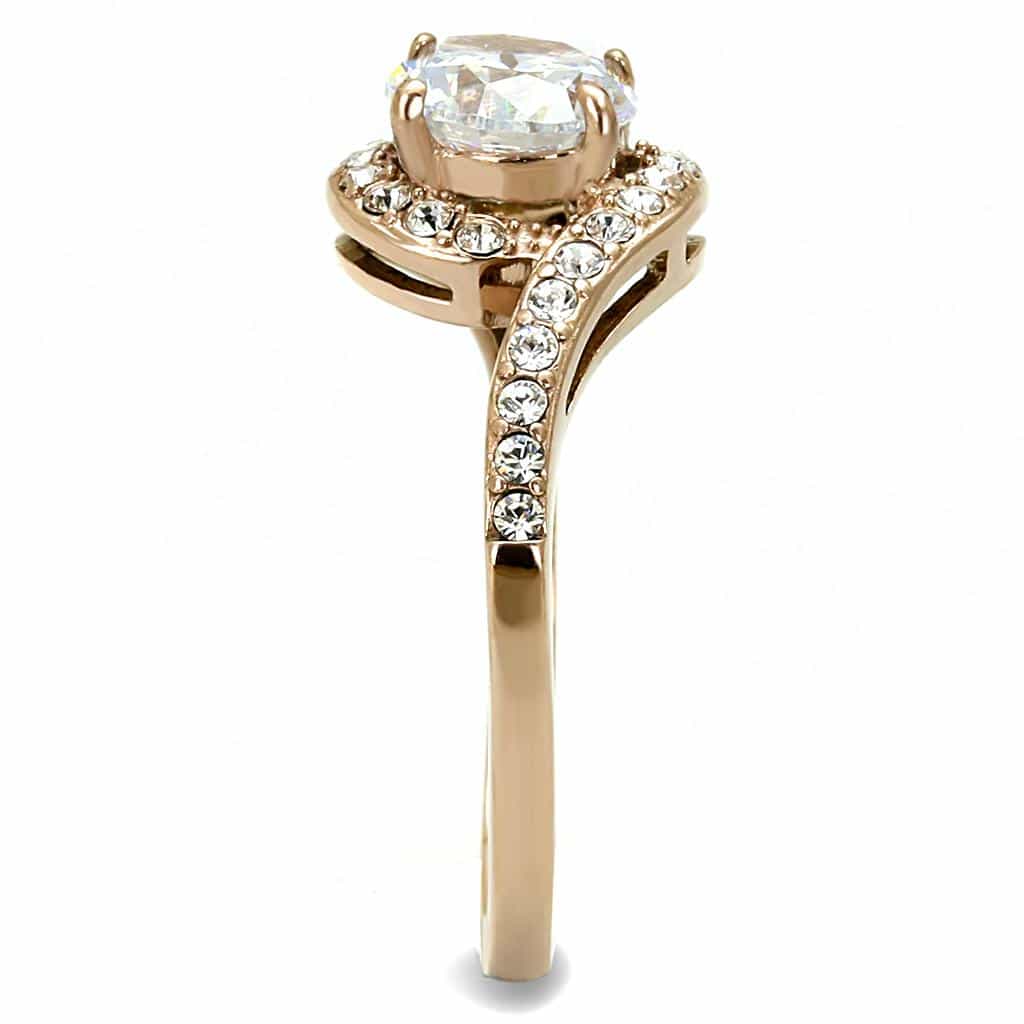 Stainless Steel Rose Gold IP CZ Round Halo Swirl Bypass Ring view 7