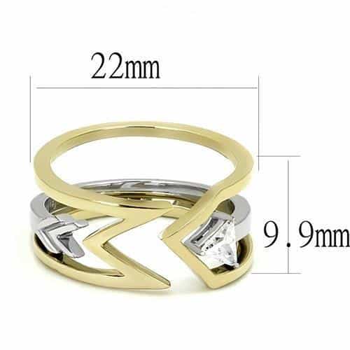 Stainless Steel Gold IP Two-Tone CZ Trillion Chevron Angular Ring view 3