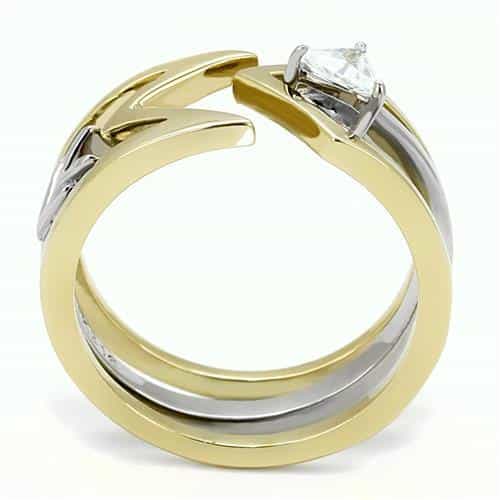 Stainless Steel Gold IP Two-Tone CZ Trillion Chevron Angular Ring view 5