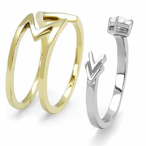 Stainless Steel Gold IP Two-Tone CZ Trillion Chevron Angular Ring view 7