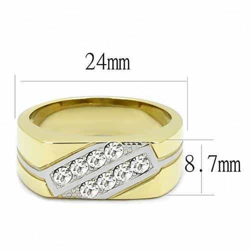 Stainless Steel Gold IP CZ Channel Diagonal Stripe Wide Band Ring view 3