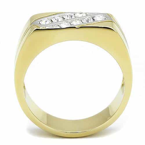 Stainless Steel Gold IP CZ Channel Diagonal Stripe Wide Band Ring view 5