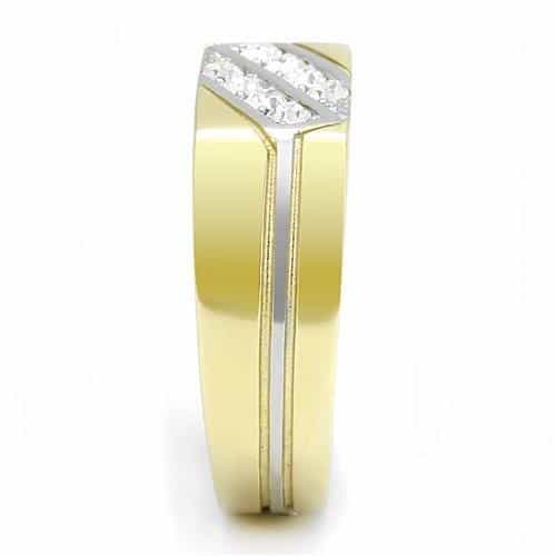 Stainless Steel Gold IP CZ Channel Diagonal Stripe Wide Band Ring view 7