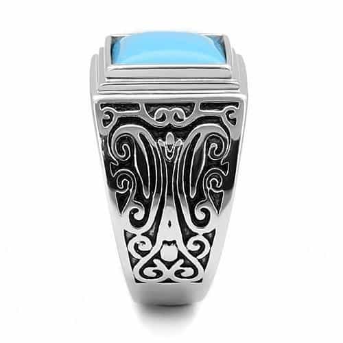 Stainless Steel Turquoise Square Cabochon Scroll Carved Mens Ring view 7