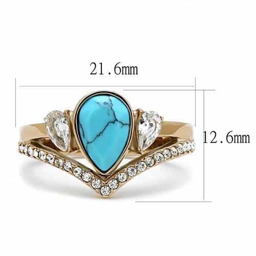 Stainless Steel Rose Gold IP Turquoise Pear CZ Marquise Ring view 3