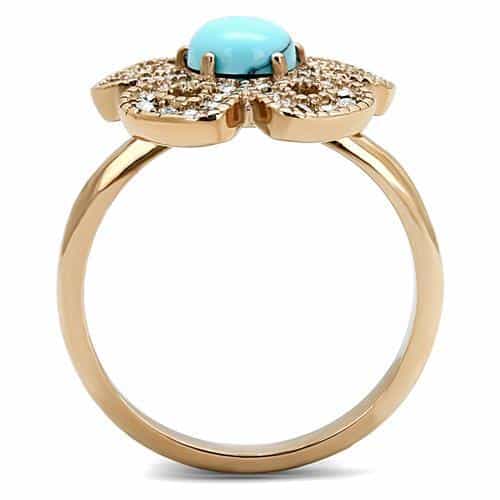 Stainless Steel Rose Gold IP Turquoise Cabochon CZ Pave Ring view 5