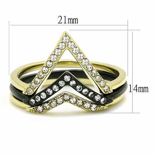 Stainless Steel Gold IP Black Enamel CZ Pave Double V Ring view 3