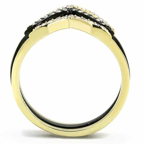Stainless Steel Gold IP Black Enamel CZ Pave Double V Ring view 5