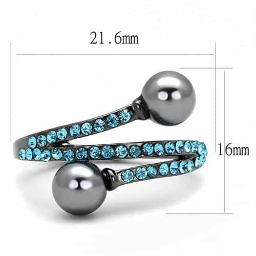 Stainless Steel Black IP Gray Pearl Aquamarine CZ Double Ring view 3