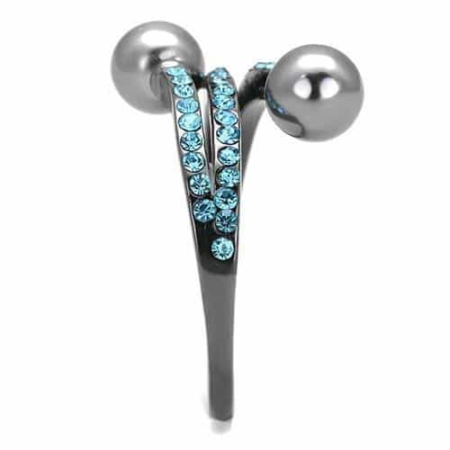 Stainless Steel Black IP Gray Pearl Aquamarine CZ Double Ring view 7