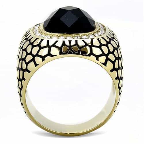 Stainless Steel Gold IP Black Onyx Cushion CZ Halo Crackle Ring view 5