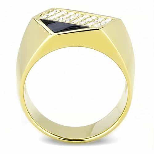 Stainless Steel Gold IP Black Onyx Rectangle CZ Pave Diamond Ring view 5