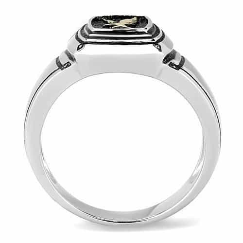 Stainless Steel Silver Black Enamel Gold Eagle Shield Mens Ring view 5