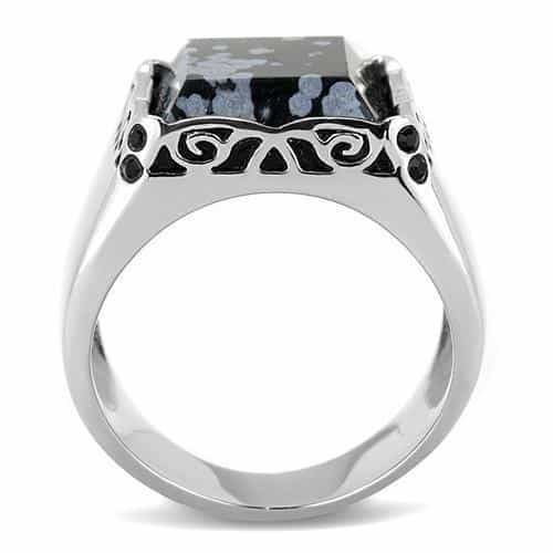 Stainless Steel Snowflake Obsidian Square Cabochon Scroll Ring view 5
