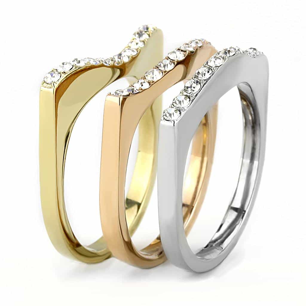 Stainless Steel Two-Tone Gold Silver CZ Pave Triple Wave Ring view 7