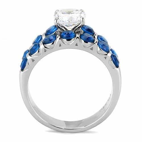 Stainless Steel Blue Sapphire CZ Round Solitaire Pave Stack Ring view 5