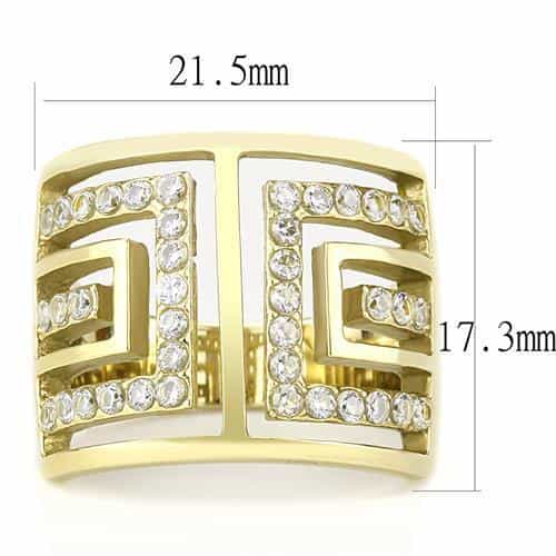 Stainless Steel Gold IP Greek Key Cutout CZ Pave Wide Cuff Ring view 3