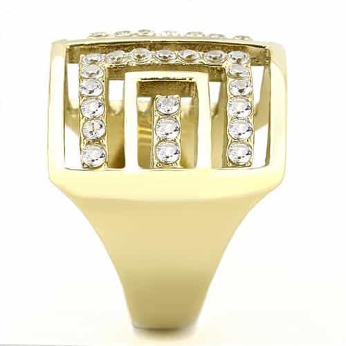 Stainless Steel Gold IP Greek Key Cutout CZ Pave Wide Cuff Ring view 7