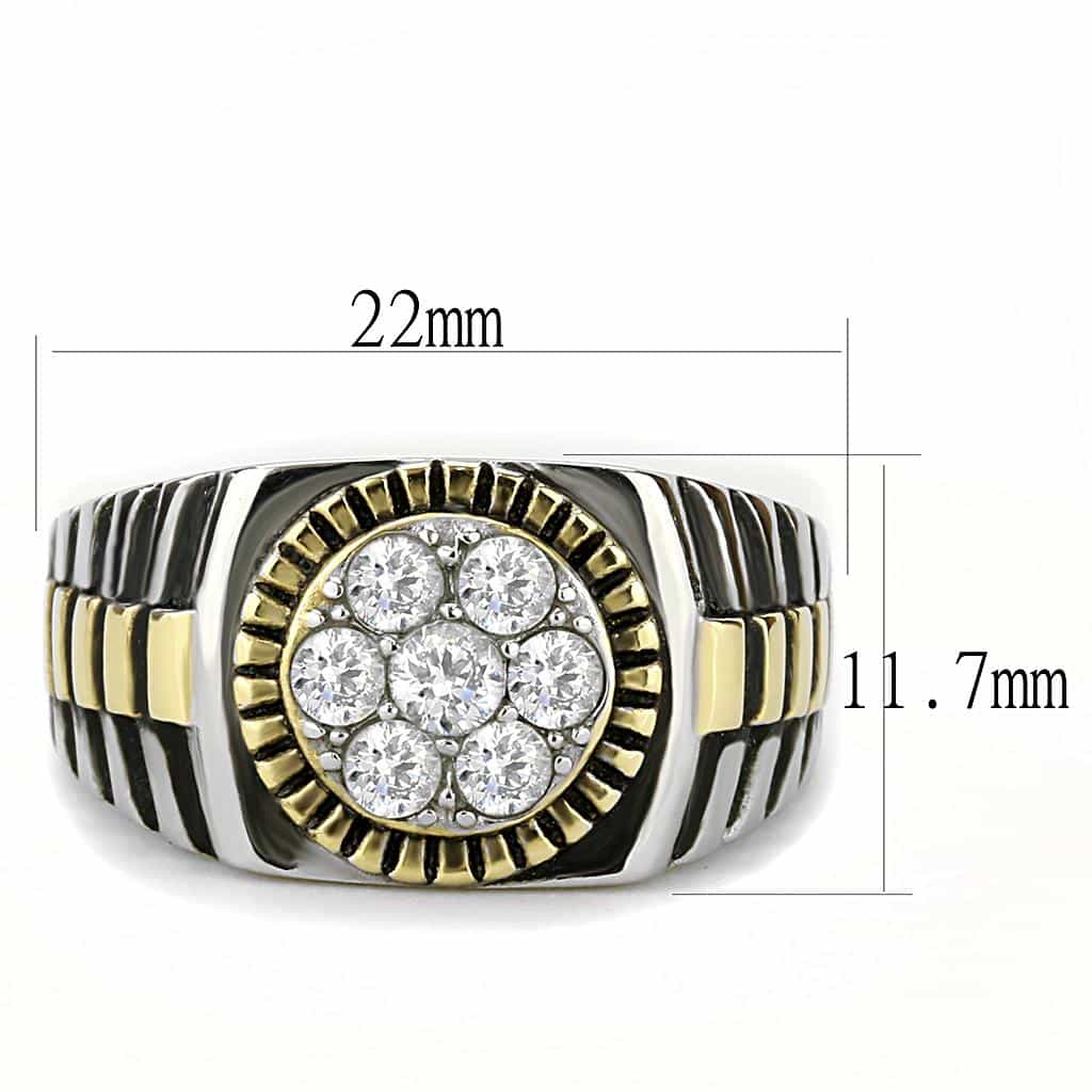 Stainless Steel Two-Tone Gold CZ Round Cluster Ribbed Mens Ring view 3