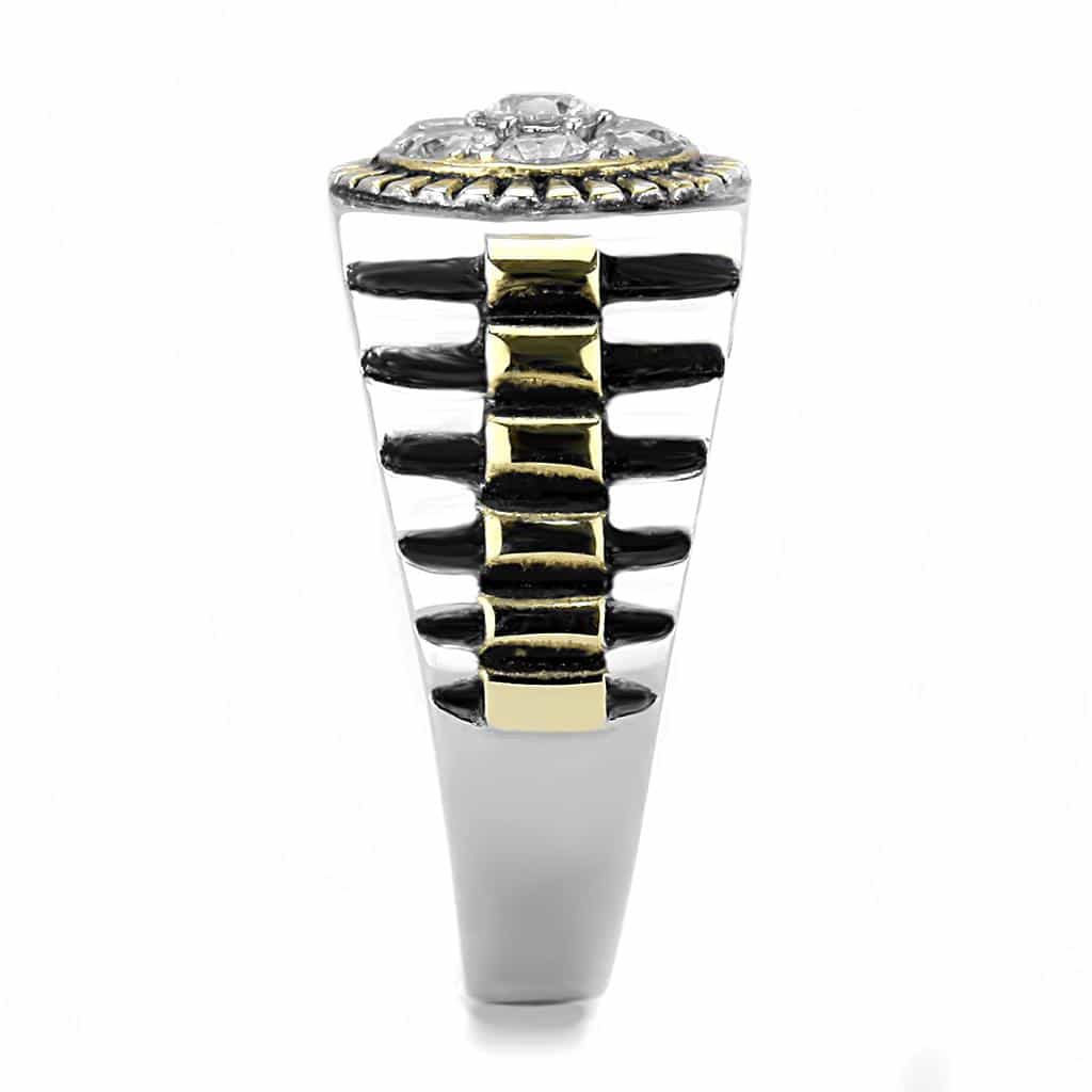 Stainless Steel Two-Tone Gold CZ Round Cluster Ribbed Mens Ring view 7