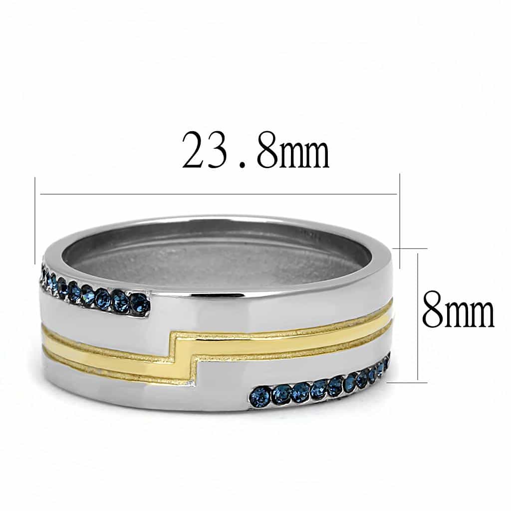 Stainless Steel Two-Tone Gold Silver Blue CZ Channel Ring view 3