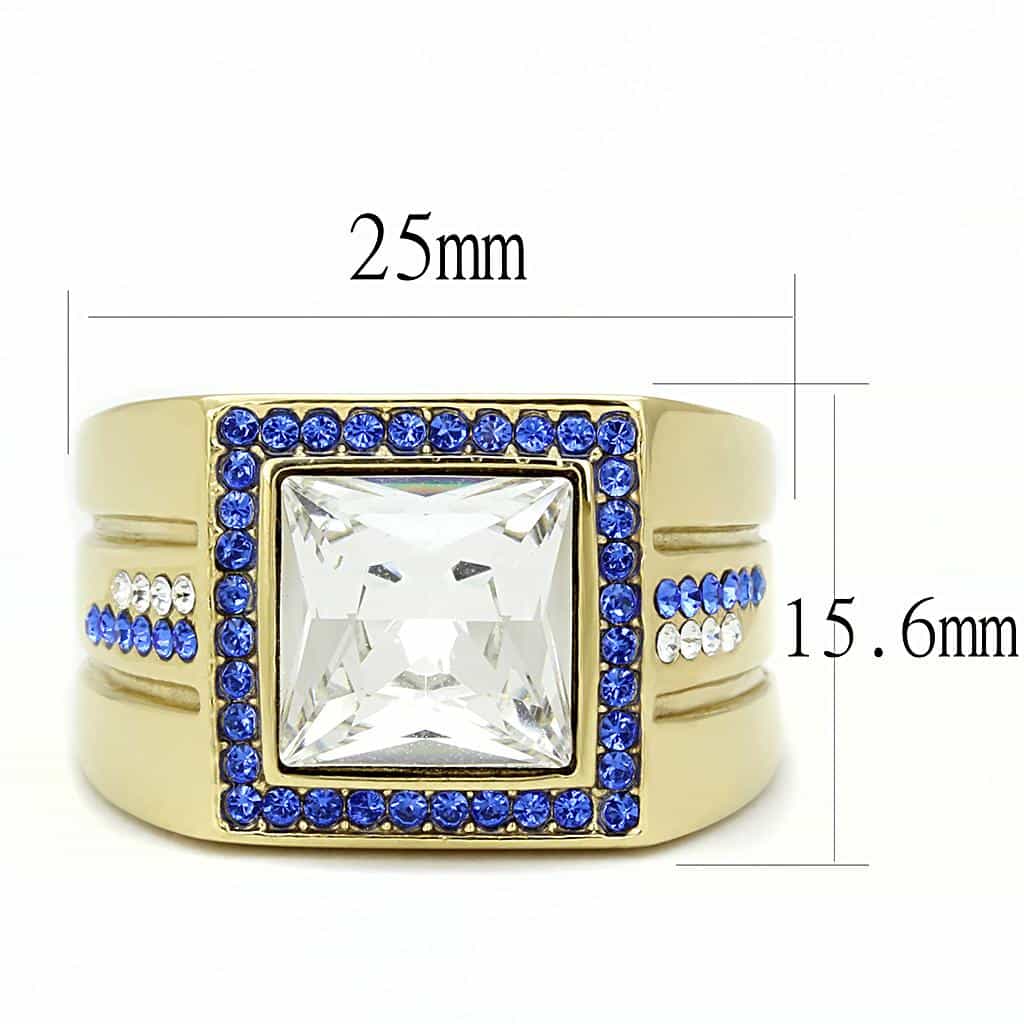 Stainless Steel Gold IP Blue Sapphire CZ Princess Square Ring view 3