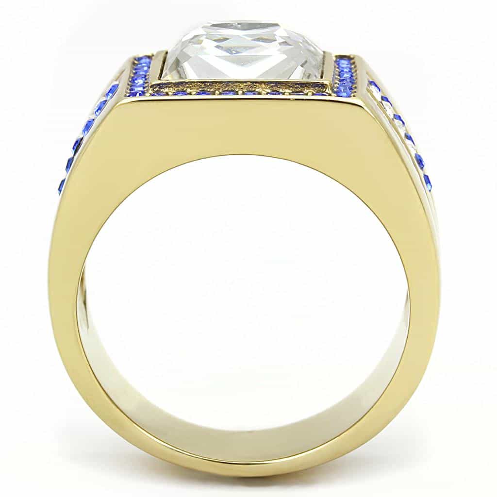 Stainless Steel Gold IP Blue Sapphire CZ Princess Square Ring view 5