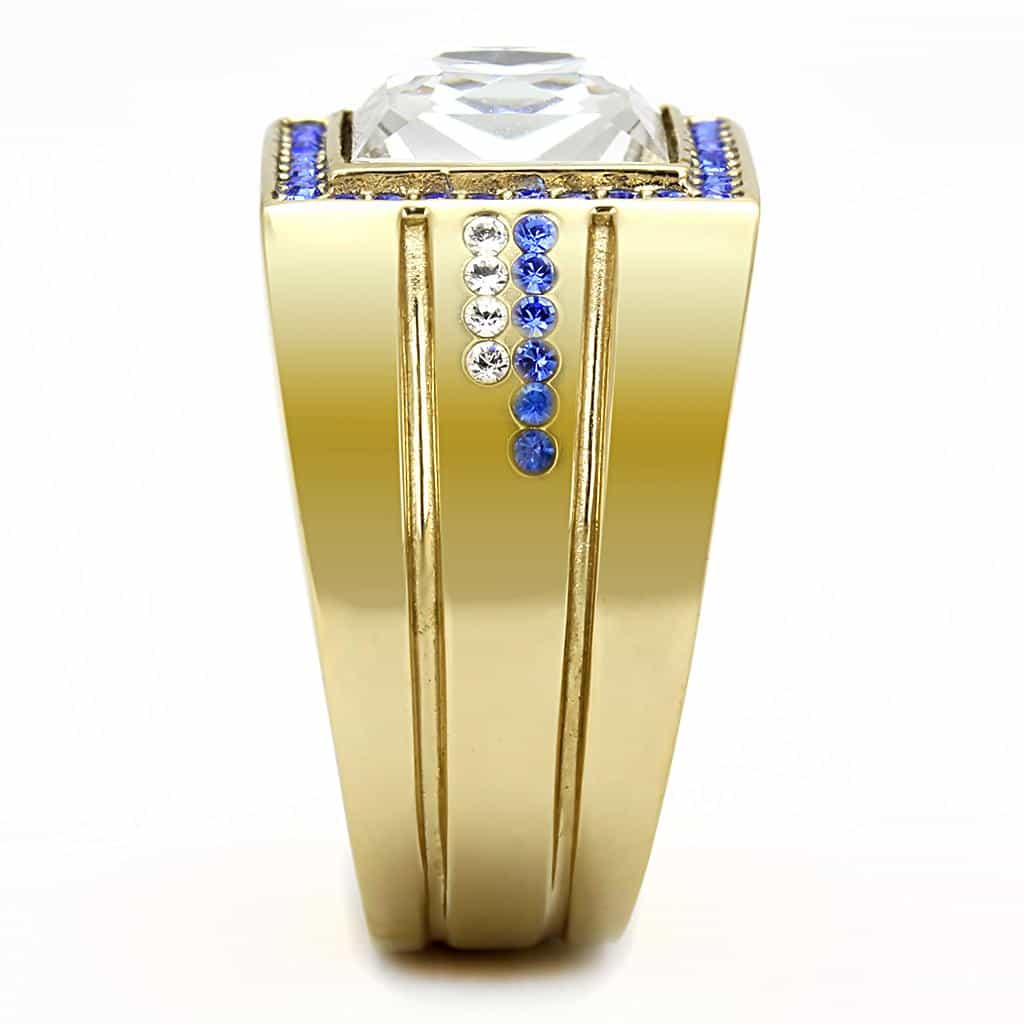 Stainless Steel Gold IP Blue Sapphire CZ Princess Square Ring view 7