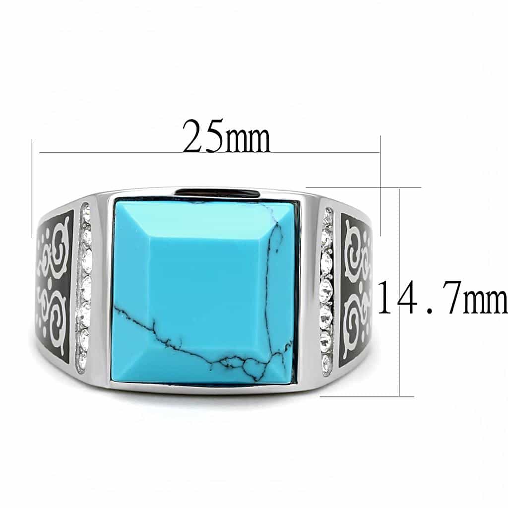 Stainless Steel Turquoise Square Cabochon CZ Scroll Mens Ring view 3