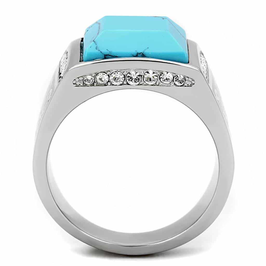 Stainless Steel Turquoise Square Cabochon CZ Scroll Mens Ring view 5