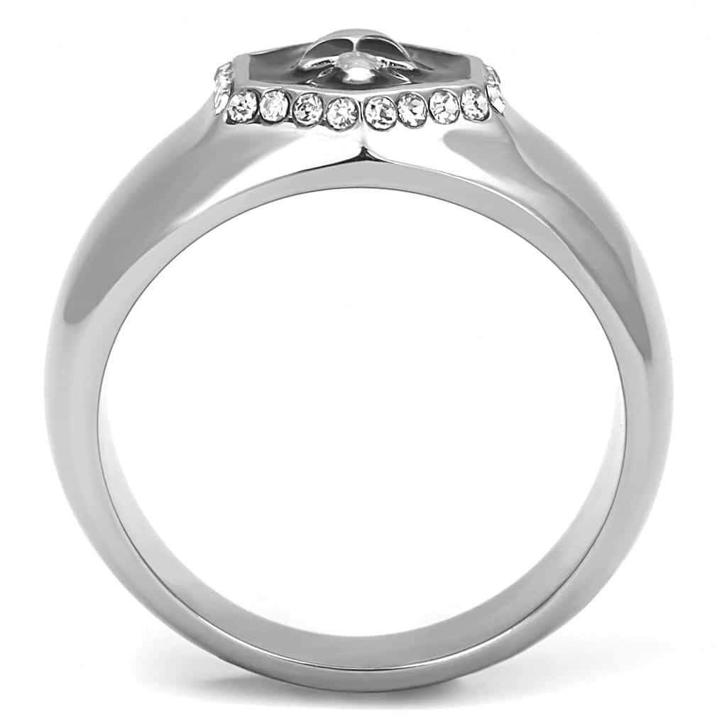 Stainless Steel Silver Skull CZ Halo Hexagon Signet Biker Ring view 5