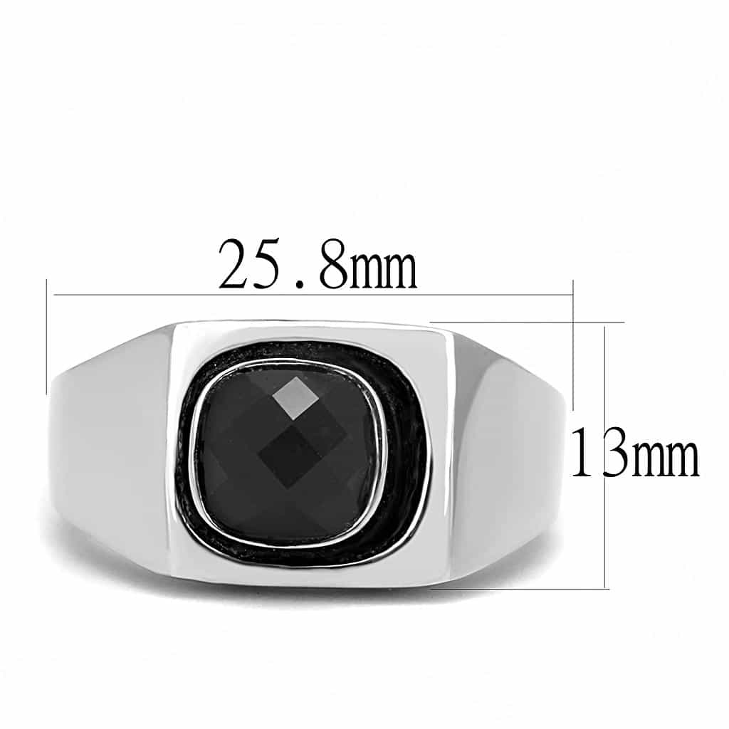 Stainless Steel Silver Black Onyx Cushion Faceted Polished Ring view 3