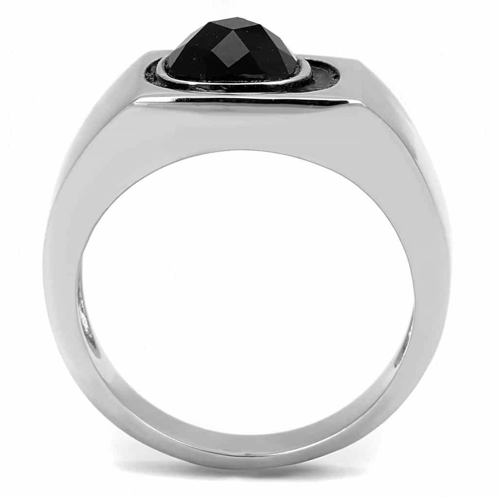 Stainless Steel Silver Black Onyx Cushion Faceted Polished Ring view 5