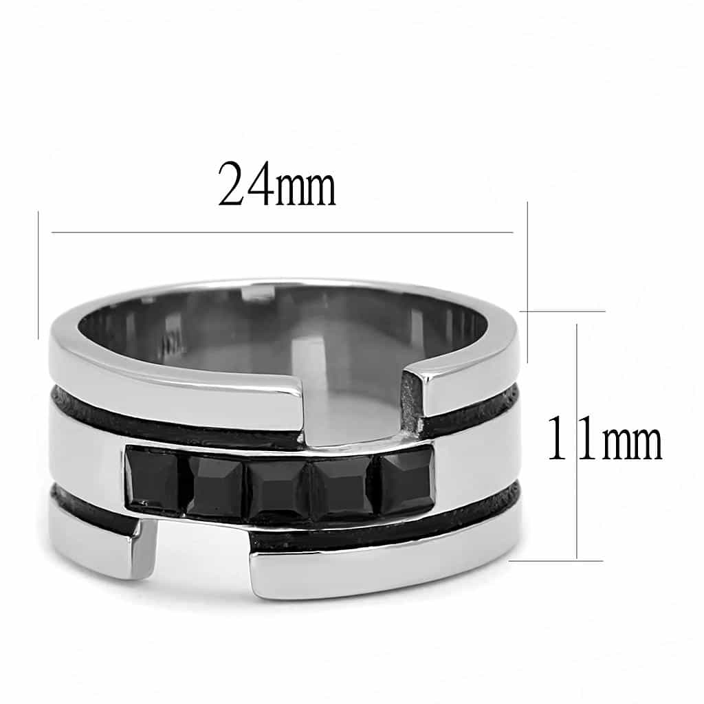 Stainless Steel Silver Black CZ Baguette Channel Stripe Wide Ring view 3