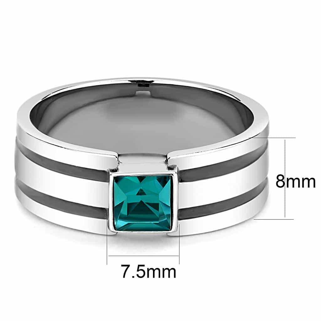 Stainless Steel Aquamarine Princess Square Stripe Band Mens Ring view 3