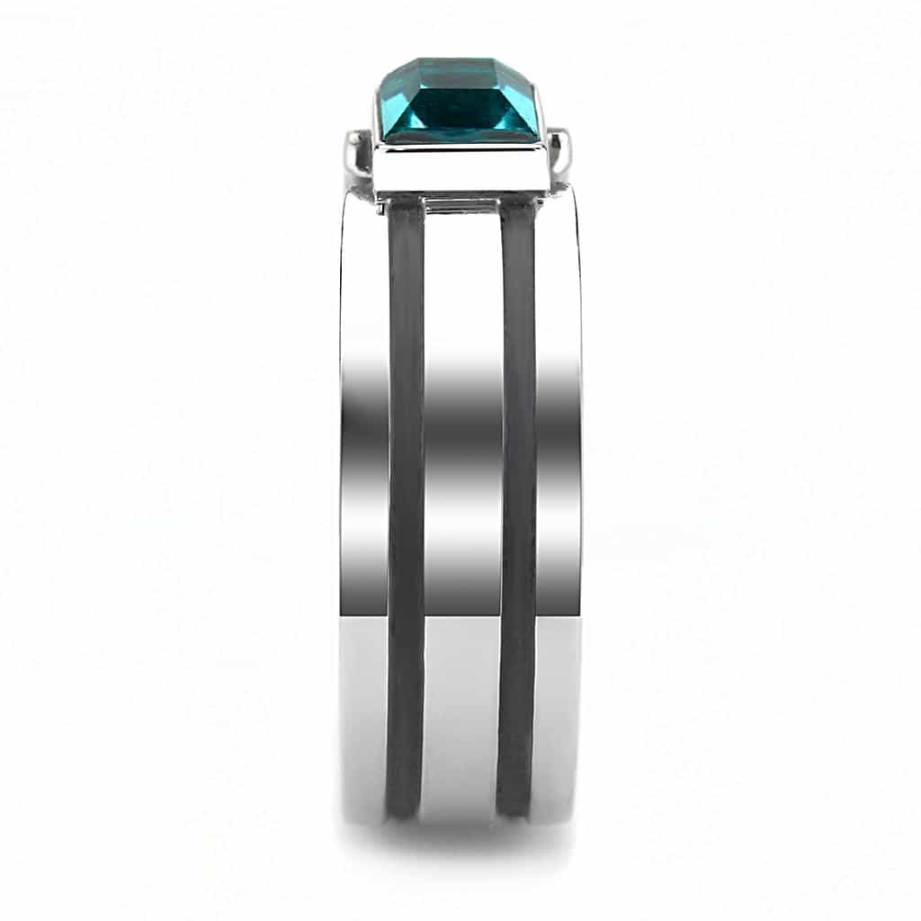 Stainless Steel Aquamarine Princess Square Stripe Band Mens Ring view 7