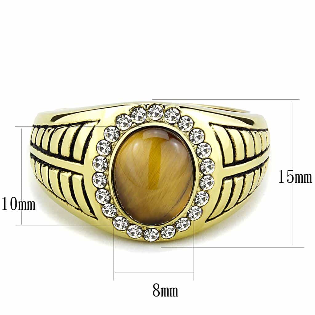 Stainless Steel Gold IP Tiger Eye Round Cabochon CZ Halo Ring view 3