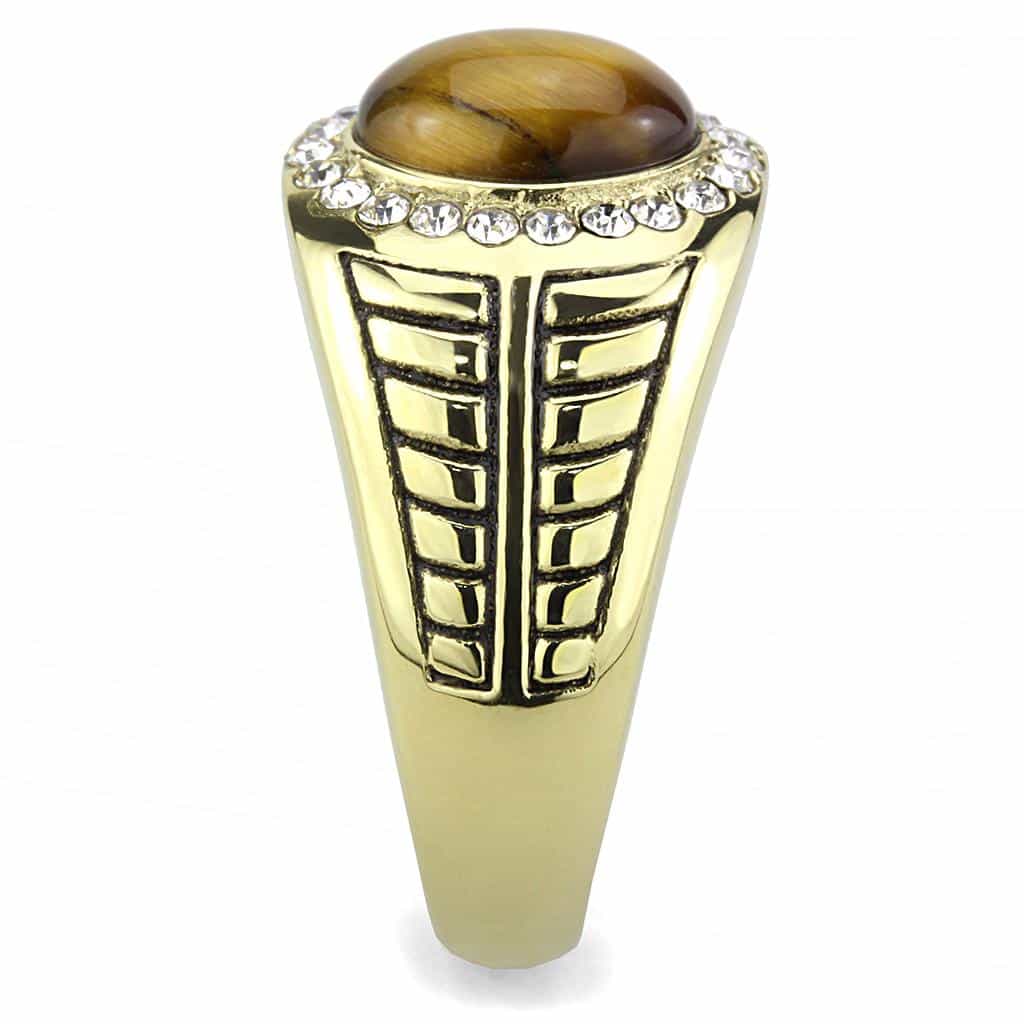 Stainless Steel Gold IP Tiger Eye Round Cabochon CZ Halo Ring view 7