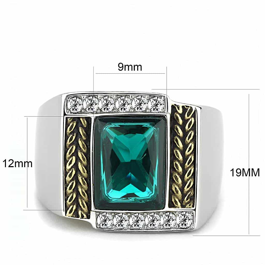 Stainless Steel Two-Tone Gold Silver Emerald Green Princess Ring view 3