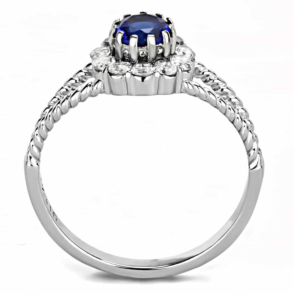 Stainless Steel Blue Sapphire Round CZ Halo Rope Twist Ring view 5