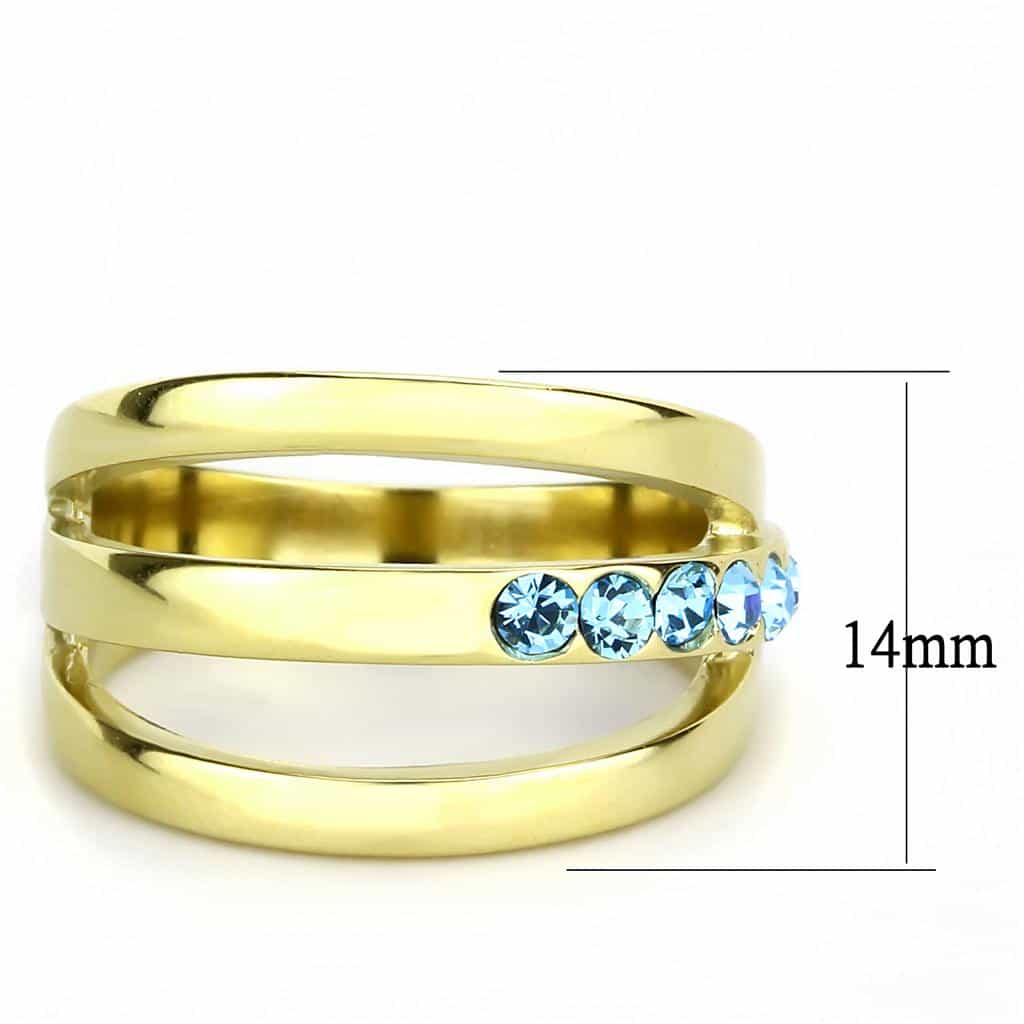 Stainless Steel Gold IP Aquamarine Blue CZ Channel Crossover Ring view 3