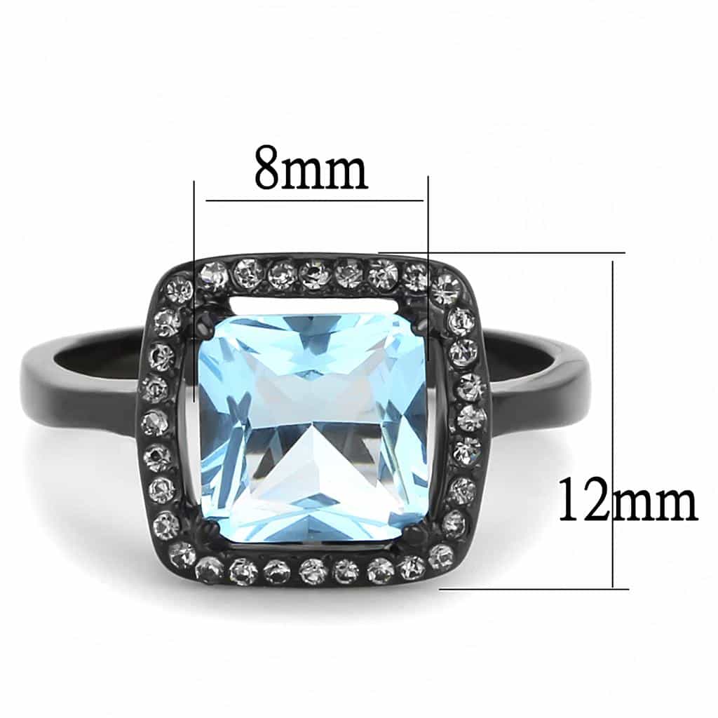 Stainless Steel Black IP Aquamarine Princess Square CZ Halo Ring view 3