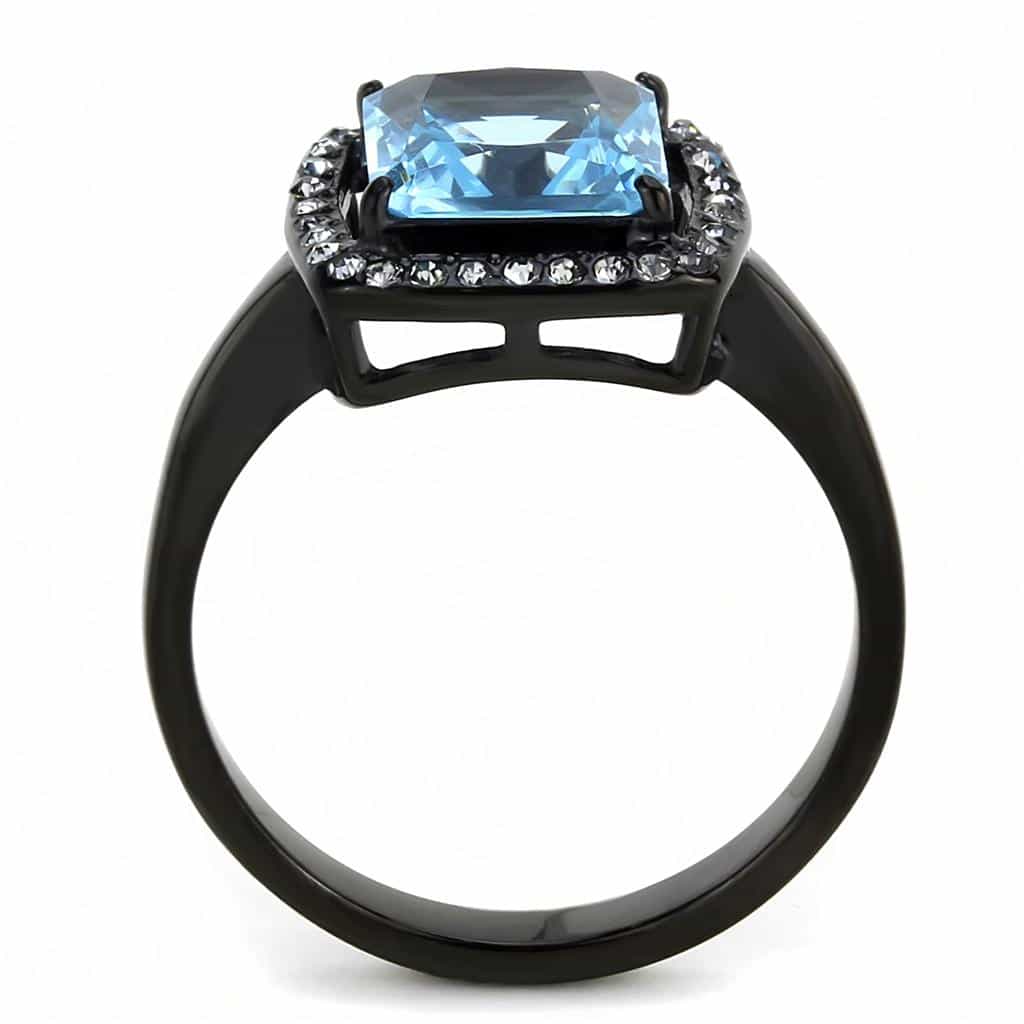 Stainless Steel Black IP Aquamarine Princess Square CZ Halo Ring view 5