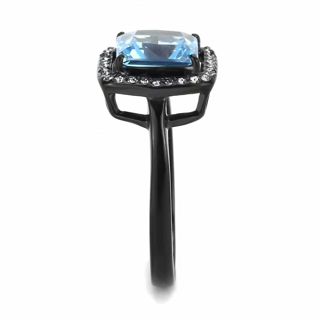 Stainless Steel Black IP Aquamarine Princess Square CZ Halo Ring view 7