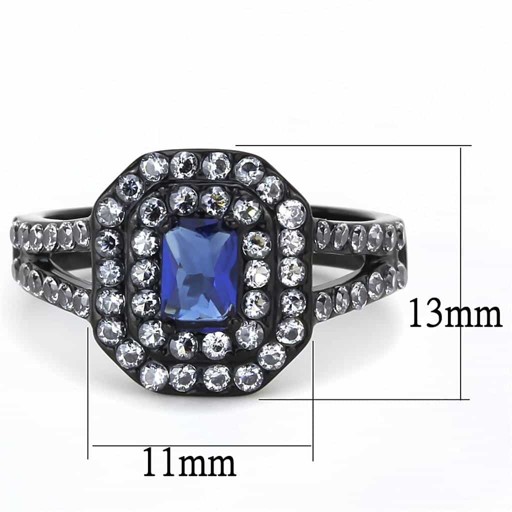 Stainless Steel Black IP Blue Sapphire Emerald Cut CZ Double Ring view 3