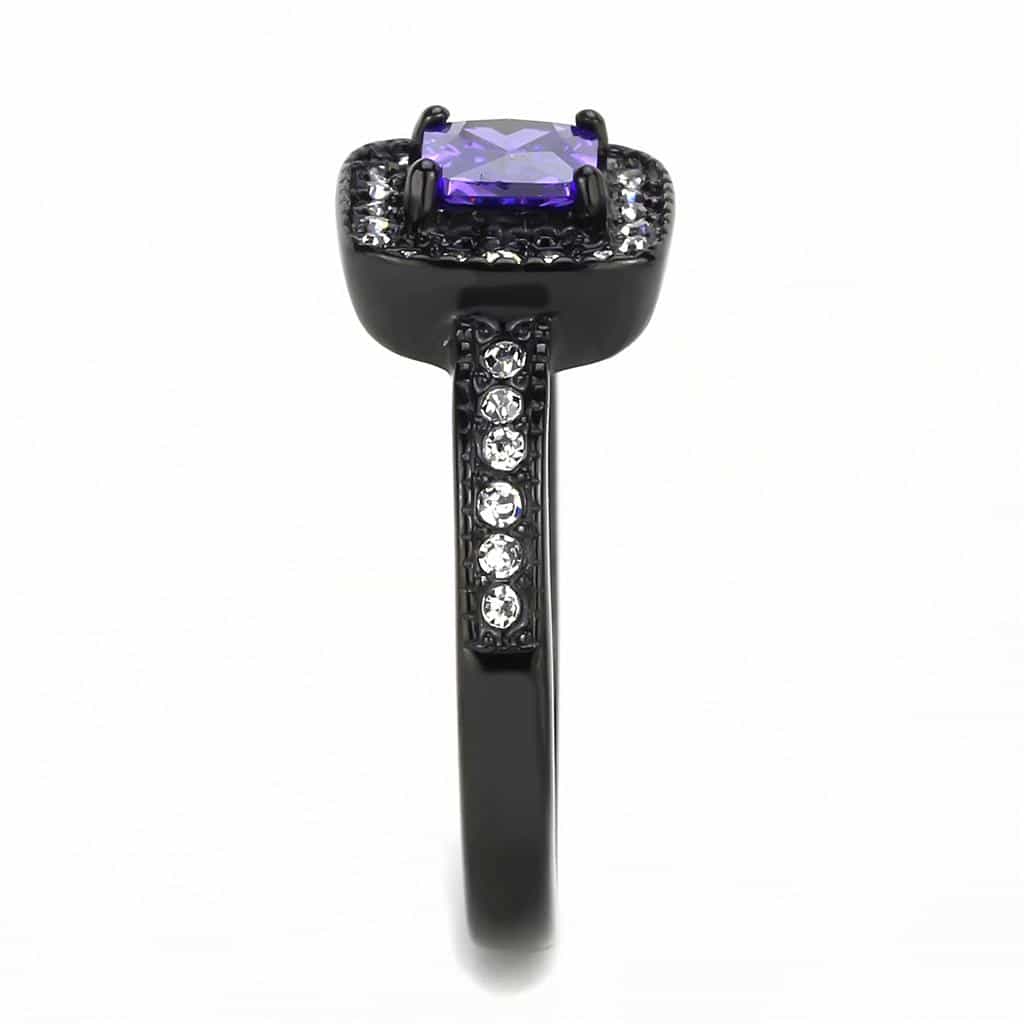 Stainless Steel Black IP Amethyst Princess Square CZ Halo Ring view 7
